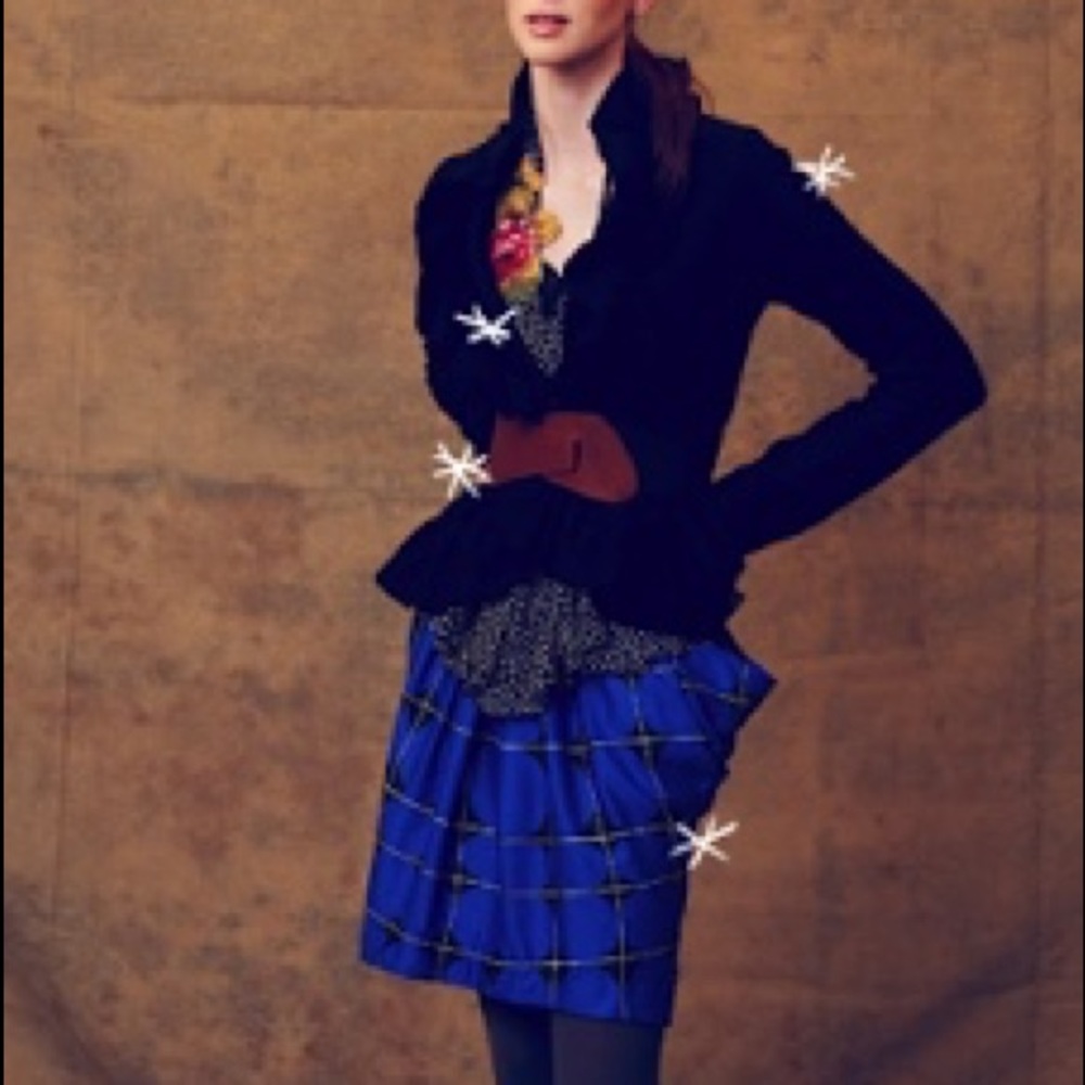 Odille Anthropologie blue plaid bubble skirt with pockets and gold waist 0 XS
